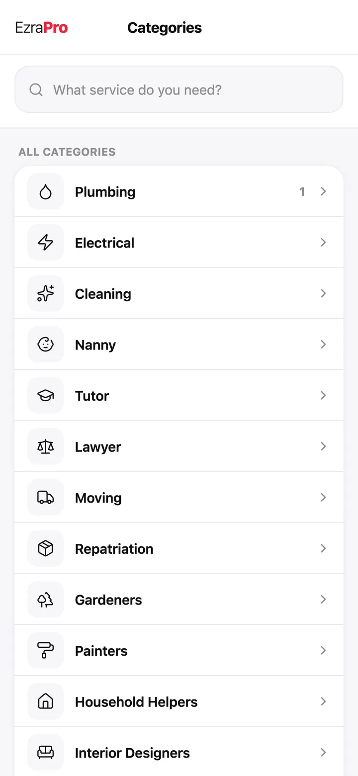 EzraPro app screen: Every service