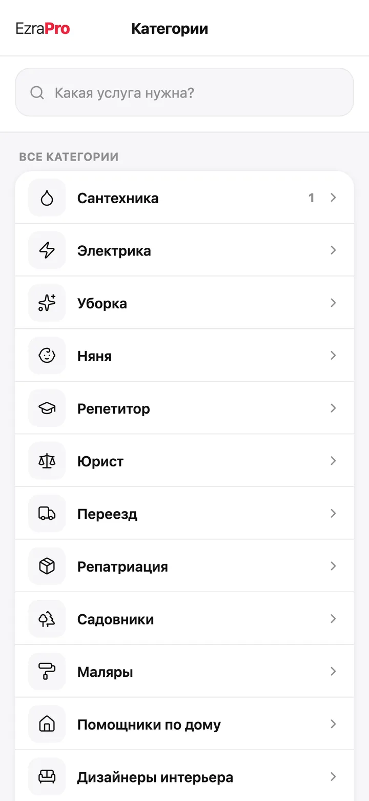 Экран приложения EzraPro: Все услуги